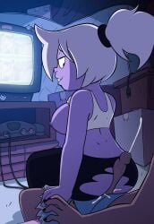 2024 amethyst_(steven_universe) ass assjob big_breasts black_eyes breasts cartoon_network cum cumshot deadinside97 female female_focus gem_(species) looking_at_partner looking_back male nintendo nintendo_64 nipples painted_nails penis ponytail purple_body purple_hair purple_skin steven_universe tank_top tank_top_lift television tied_hair torn_clothes torn_pants