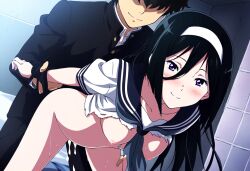 against_wall ai_generated breasts_out breasts_out_of_clothes doggy_style hyouka irisu_fuyumi school_uniform smile white_headband wrist_grab