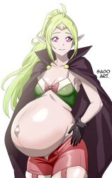 1girls ahoge bare_thighs blonde_hair breasts cape cleavage female female_only fire_emblem fire_emblem_awakening garter_straps gloves gradient_hair green_hair grin light long_hair looking_at_viewer multicolored_hair nintendo nowi_(fire_emblem) pink_eyes pointy_ears ponytail pregnant sado_art shorts skindentation small_breasts smile solo thick_thighs thighs very_long_hair white_background yellow_hair