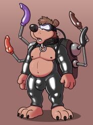 anthro banjo-kazooie banjo_(banjo-kazooie) bear blue_balls bulge clothing dildo furry hi_res latex latex_clothing latex_skinsuit male male_only mammal mind_control rareware sex_toy skinsuit tight_clothing