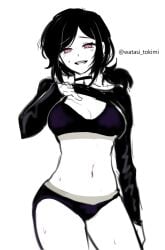 1girls ashley_graves black_clothing black_hair blush bra choker female front_view looking_at_viewer panties partially_clothed ponytail shirt_lift smile solo sweat the_coffin_of_andy_and_leyley watasi_tokimi wide_hips