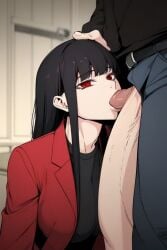 ai_generated black_hair blowjob ceremon_vaughan deepthroat fellatio hero_killer ihwa oral oral_penetration oral_sex red_eyes sucking_penis