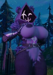 1girls 3d 3d_(artwork) :3 bear_ears bely big_breasts breasts busty exposed_breasts exposed_pussy female forest fortnite fur gentlecat hood hood_up looking_at_viewer naked narrowed_eyes night nipples purple_body purple_nipples pussy raven_team_leader scar scar_across_eye showing_off smile solo standing tagme tree