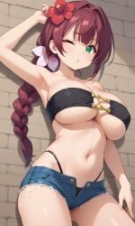 1girls ai_generated big_breasts braid braided_hair breasts chloe_(pokemon) cleavage denim denim_bottomwear denim_clothing denim_shorts female green_eyes light-skinned_female light_skin long_hair pokemon pokemon_anime ryuzam single_braid solo tube_top tubetop underboob