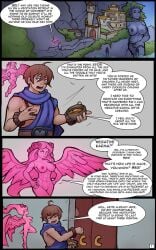 1boy 1girls angel_wings annoyed annoyed_expression bel_(markydaysaid) belvurius_asvel_marquis_(markydaysaid) comic dialogue english_text eros_(markydaysaid) flower_in_hair goddess gold_(metal) gold_coin markydaysaid nude_female page_1 page_number pink_eyes pink_hair pink_skin statue