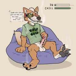 1:1 anthro balls blue_balls bottomless canid canine clothed clothing drugs english_text fox fox_mccloud genitals hi_res humanoid_genitalia humanoid_penis male male_only mammal marijuana masturbation musk musk_clouds musky_armpit musky_feet nintendo penile penile_masturbation penis smoking smoking_marijuana solo star_fox text