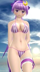 1girls 2024 3d_(artwork) arms_behind_back below_view bikini clouds cloudscape cresent_moon earrings embodiment_of_scarlet_devil hati_yukkuri_mmd headband headwear legband light-skinned_female long_hair_female looking_at_viewer mmd patchouli_knowledge purple_bowtie purple_eyes purple_hair sky solo_female solo_focus striped_bikini sunset swimsuit tied_hair tied_long_hair touhou