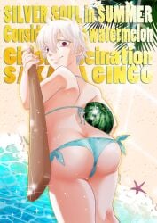 big_ass bikini blue_bikini canon_genderswap genderswap_(mtf) ginko_sakata gintama gintoki_sakata katana looking_at_viewer looking_back maikei rear_view red_eyes rule_63 short_hair side-tie_bikini smile swimsuit sword very_short_hair watermelon white_hair wide_hips wooden_sword