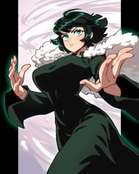 1girls big_breasts breasts dress feather-trimmed_jacket fubuki_(one-punch_man) green_dress green_eyes green_hair hands_up highres jewelry looking_up necklace one-punch_man qewie short_hair tornado walking