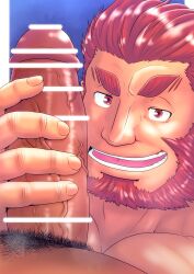 2boys bar_censor bara beard boner censored close-up erection eyebrow_stubble facial_hair fate/zero fate_(series) full_beard genta_iwayama girthy_penis handjob highres iskandar_(fate) large_penis male_focus male_only male_pubic_hair mature_male multiple_boys muscular muscular_male nude penis pov pov_crotch pubic_hair red_eyes red_hair seductive_smile short_hair smile solo_focus thick_beard veins veiny_penis yaoi