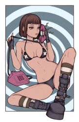 1girls bikini black_bikini boots brown_eyes brown_hair corded_phone curtains_match_windows female landline_phone light_skin nymse on_phone phone pink_phone sitting solo spiral_background striped_socks telephone