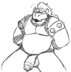 arms_behind_back ball_gag balls bondage bound bowser chubby collar cross-eyed gag half-erect koopa male male_only mario_(series) monochrome muscles nintendo nude overweight penis plain_background rope rope_bondage scalie sketch solo staticlustdemons surprised uncut white_background wuffinarts