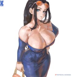 1girls bare_shoulders big_breasts black_hair blue_eyes clothed clothing color female female_focus female_only fit_female hi_res hourglass_figure howxen huge_breasts large_breasts light-skinned_female light_skin long_hair looking_at_viewer mature_female nico_robin nipples_visible_through_clothing one_piece shounen_jump slim_waist solo solo_female sunglasses sunglasses_on_head tagme thick_thighs wide_hips