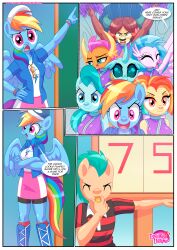 1boy 2020s 2024 2d 7girls anthro anthrofied bbmbbf black_bottomwear blue_body blue_eyes blue_sclera brown_body color comic compression_shorts dialogue digital_media_(artwork) english_text equestria_untamed equine extra_cheer_practice_(comic) female_focus friendship_is_magic furry glistening glistening_body green_eyes hasbro lighthoof_(mlp) multiple_girls my_little_pony my_little_pony:_friendship_is_magic my_little_pony_friendship_is_magic my_little_pony_generation_4 ocellus_(mlp) orange_body outside palcomix pink_body pink_eyes pony public rainbow_dash_(mlp) red_eyes shimmy_shake_(mlp) shorts shorts_under_skirt silverstream_(mlp) skirt smolder_(mlp) text white_sclera yona_yak_(mlp)