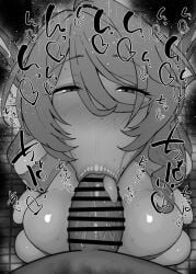 1boy 1girls :>= angels_of_delusion bare_shoulders big_penis black_and_white blush breasts cecilia_(zenless_zone_zero) censored dark-skinned_male dark_skin detailed_background drooling eyelashes fellatio female heart hoyoverse human indoor inside interracial kurotama looking_at_viewer male male_pov oral oral_sex penis ponytail room saliva shiny shiny_skin short_hair sketch sound_effects squatting sweat text tongue tongue_out vein veins veiny veiny_penis zenless_zone_zero