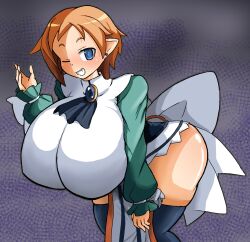 ass big_breasts bimbo blue_eyes breasts brown_hair disgaea elf_ears enormous_breasts flirting flirting_with_viewer gasotaxok gigantic_breasts hips huge_ass huge_breasts huge_hips huge_thighs impossible_clothes impossible_clothing impossible_shirt large_breasts looking_at_viewer magic_knight_(disgaea) massive_breasts nippon_ichi_software pointy_ears short_hair thick_thighs thighhighs thighs tight tight_clothes tight_clothing tight_shirt wide_hips