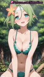 1girls :d ai_generated anime anime_style aqua_eyes bare_arms bare_shoulders bikini blush bow_panties bra breasts breasts_squeezed_together bust busty cleavage collarbone day elf elf_ears female female_focus female_only flower flowers forest green_bra green_eyes green_hair green_panties hair_between_eyes hair_flower hair_ornament headband hentai kono_subarashii_sekai_ni_shukufuku_wo! large_breasts looking_at_viewer medium_breasts natsuyoru nature navel open_mouth outdoors panties pointy_ears short_hair sitting skindentation smile solo solo_female stomach swimsuit thighhighs tranquility_girl tree underwear underwear_only voluptuous voluptuous_female white_headband white_thighhighs