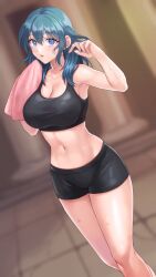 1girls absurdres bare_shoulders black_shorts blue_eyes blue_hair blurry blurry_background breasts byleth_(female)_(fire_emblem) byleth_(fire_emblem) byleth_(fire_emblem)_(female) cleavage crop_top feet_out_of_frame female female_only fire_emblem fire_emblem:_three_houses fully_clothed hands_up hazuki_(nyorosuke) highres large_breasts long_hair looking_at_viewer midriff navel nintendo parted_lips short_shorts shorts solo sports_bra standing stomach thighs tight_clothing towel