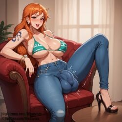 1futa ai_generated brown_eyes bulge bulge_through_clothing curvy feet futa_only futanari huge_breasts memytus nami_(one_piece) one_piece orange_hair solo solo_futa thick_thighs throbbing_bulge voluptuous_female