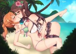 2019 2girls absurd_res assertive_female beach big_breasts bikini blush breast_press breasts brown_hair digital_media_(artwork) female female/female female_focus female_only femdom femsub fingering fingering_partner flower flower_in_hair french_kiss girlfriends glasses hand_in_panties highres kissing leaning leaning_back leaning_forward leg_up lesbian_couple lesbians lezdom looking_at_partner making_out multiple_girls neck_grab necklace orange_hair original original_characters ponytail small_breasts submissive_female summer swimsuit tropical virus-g yuri