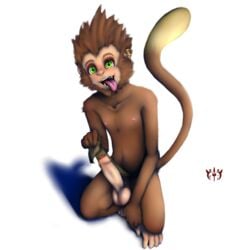 1boy absurdres alpha_channel anthro big_penis crouching ear_piercing erection foreskin furfit furry half-dressed high_resolution humanoid_penis league_of_legends lift loincloth looking_at_viewer male male_only mammal monkey nipples penis piercing primate shadow signature solo testicles tongue tongue_out topless uncut wukong