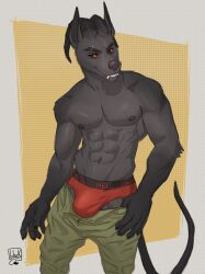 2023 2_horns 5_fingers abs absurd_res anthro artist_logo biceps black_eyebrows black_horn black_inner_ear black_nipples black_nose black_sclera border bottomwear bottomwear_down brown_bottomwear brown_clothing brown_pants brown_tail bulge canid canid_demon canine canis clothed clothing curled_horn demon domestic_dog eyebrows fangs fingers fur grey_body grey_ears grey_fur hellhound hi_res holding_bottomwear holding_clothing holding_object holding_pants horn humanoid_hands lion21 logo long_tail male mammal muscular muscular_anthro muscular_male mythological_canine mythological_creature mythology navel nipples pants pants_down partially_clothed pecs portrait prick_ears red_clothing red_eyes red_underwear scar simple_background smile snout solo tail teeth teeth_showing three-quarter_portrait underwear white_border wrinkles_in_clothes wrinkles_in_pants yellow_background