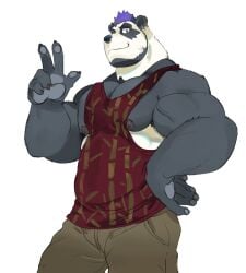 bear beard big_muscles dyed_hair dylan_(saltypoundcake) fully_clothed furry gay giant_panda looking_at_viewer muscles muscular nipples_exposed nipples_visible_through_clothing panda pants pierced_ears pierced_nose saltypoundcake spookeedoo tank_top