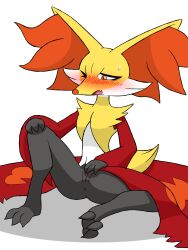 2024 3:4 absurd_res anthro black_body black_fur blush blush_lines bodily_fluids delphox digital_media_(artwork) female fingering fur generation_6_pokemon hi_res knight-of-syrinx nintendo orange_body orange_eyes orange_fur pokemon pokemon_(species) red_body red_fur sweat tail teeth tongue white_body white_fur yellow_body yellow_fur