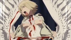 blonde_hair blood blood_in_mouth dungeon_meshi falin_touden medium_breasts monster_girl nekom14 nipples screencap short_hair torn_clothes wings