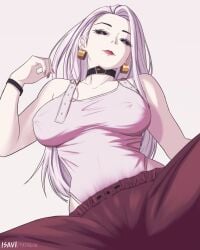 1girls 2d 2d_(artwork) big_breasts black_chocker black_sclera bottom_view breasts choker clothed fit fit_female fully_clothed hoop_earrings isavi jujutsu_kaisen leotard lipstick looking_at_viewer looking_down looking_down_at_viewer low_angle nipples_bulge nipples_visible_through_clothing pants pink_clothing pink_eyes pink_hair pink_leotard pink_skin red_pants solo uro_takako visible_nipples