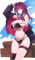 absurdres against_fence alternate_costume black_jacket black_panties black_tube_top breasts dokshuri eyewear_on_head female female_only fence highres honkai:_star_rail honkai_(series) jacket kafka_(honkai:_star_rail) large_breasts looking_at_viewer navel off_shoulder panties ponytail purple_eyes purple_hair sidelocks solo strapless sunglasses underwear zipper_panties
