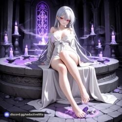 ai_assisted ai_generated bare_legs bare_shoulders barefoot breasts candle checkered_floor cleavage collarbone crack earrings feet female jewelry long_hair looking_at_viewer nail_polish off_shoulder pink_nails pointy_ears purple_nails red_eyes shirt sitting smile solo stone_floor tile_floor tile_wall tiles toenail_polish toenails very_long_hair white_hair white_shirt