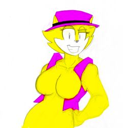 anthro bottomless breasts clothed clothing featureless_breasts feline female fur furry half-dressed hanna-barbera hat mammal plain_background rough_sketch rule_63 solo theicedwolf top_cat top_cat_(series) white_background yellow_fur