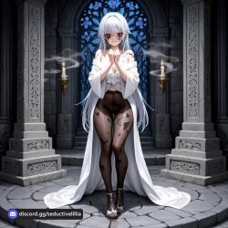 ai_assisted ai_generated bare_shoulders black_legwear body_writing breasts brick_wall female hair_between_eyes leg_tattoo long_hair looking_at_viewer off_shoulder pantyhose pubic_tattoo red_eyes shirt solo standing stone_floor tally tattoo very_long_hair wall white_hair