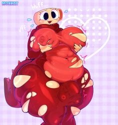 absurd_res belly big_belly big_breasts blushcrunch_studio bodily_fluids breasts breath bulge clothing dandy's_world detailed_bulge dino_snore_shelly duplicate flying_sweatdrops fossil futanari genital_outline heart_symbol herm hi_res holding_breast intersex mokkat panting penis_outline repost shelly_(dandy's_world) solo sweat sweatdrop tail thick_thighs torn_clothing wardrobe_malfunction