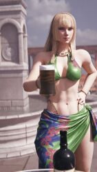 1girls 3d beer bikini blender blonde_hair cleavage clothing emilie_de_rochefort female forsavide hime_cut long_hair looking_at_viewer medium_breasts namco namco_bandai non-nude pinup pinup_pose purple purple_eyes tagme tekken tekken_8