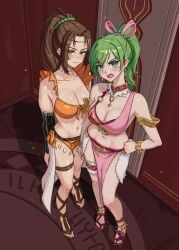 2girls absurd_res amber_eyes angry annoyed brown_hair dancer dancer_outfit emmettart fire_emblem fire_emblem:_genealogy_of_the_holy_war friends green_eyes green_hair large_breasts laylea_(fire_emblem) lene_(fire_emblem) looking_at_viewer multiple_girls nintendo