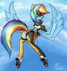 1girls 2d blizzard_entertainment blue_fur clothes cloudscape cosplay equine eyewear feathers female female_only flight_suit flying friendship_is_magic fur goggles highres ho7y5hoxx hooves long_hair looking_at_viewer looking_back mammal multicolored_hair my_little_pony outdoors overwatch overwatch_2 pegasus pussy rainbow_dash_(mlp) raised_tail rear_view sky smile solo straight_hair torn_clothes tracer_(cosplay) wardrobe_malfunction wings