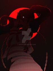 39baka black_hair blue_eyes chains female long_hair looking_at_viewer moon prison_clothes shirt solo striped striped_shirt twintails