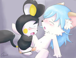 against_wall black_fur black_nose blue_hair blush closed_eyes clyndemoon dildo emolga female fur furry hair mammal navel nintendo open_mouth pokemon pussy pussy_juice rodent sex_toy spread_legs spreading squirrel strapon video_games white_fur yellow_fur yuri