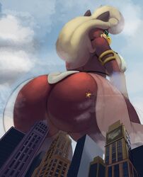 aircraft airplane anthro armlet ass avian big_ass big_breasts blonde_hair breasts bubble_butt building city clothing color deity destruction emma_(t-bone) explosion female giantess green_eyes gryphon hair huge_ass loincloth looking_back macro sideboob solo t-bone_(artist) wide_hips