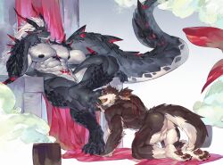 2_horns 4_toes abs absurd_res all_fours animal_genitalia anthro backsack balls band-aid band-aid_on_face bandage bandage_on_face barazoku biceps big_tail black_pawpads blush bodily_fluids bondage canid canine canis chair crossed_legs domestic_dog dragon duo feet foot_lick furniture genital_slit genitals grey_background grin hair hand_on_face hi_res horn licking male male/male mammal mgg_(character) mouth_closed muscular mythological_creature mythological_scalie mythology nude pawpads pecs red_eyes saliva saliva_string saturivern scalie scar simple_background sitting smile smirk smoke submissive tail throne toes tongue white_hair