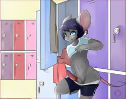 1boy 2014 anthro big_ears blue_eyes blue_hair clothed clothing erection fur girly grey_fur hair half-dressed harumi hi_res leo_(gedros) locker_room lockers looking_at_viewer male male_only mammal mouse on_one_leg panties panties_down penis rodent sheath shirt shirt_lift shorts shorts_down smile solo teasing underwear undressing wide_hips young