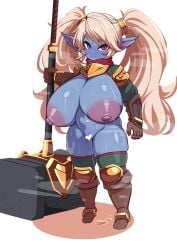 1girls big_areola big_nipples boots breasts_bigger_than_head bubble_butt censored_pussy female_focus furry half_naked hammer huge_ass huge_breasts konoshige_(ryuun) league_of_legends pointy_ears poppy ryuun_(stiil) shortstack solo_female sweat sweatdrop thick_ass thick_thighs thighhighs twintails wet wide_hips yordle