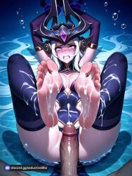 1boy ? ai_assisted ai_generated air_bubble artist_name barefoot black_legwear blue_legwear blush breasts bubble cleavage clenched_teeth cum cum_on_ass cum_on_body cum_on_breasts cum_on_clothes cum_on_hair ejaculation elbow_gloves facial feet female foot_focus footjob gloves long_hair looking_at_viewer no_shoes penis pov purple_eyes soles solo_focus splashing straight submerged teeth thighhighs toenails toes uncensored underwater water water_drop