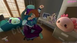 action_figure alternate_version_available artist_signature bedroom breasts brown_hair clothed clothed_female coffee_cup collar complex_background dyed_hair female female_only gamer_chair green_hair green_shirt human_female laptop long_sleeves missheekapussy on_chair painted_nails pants plushie purple_pants socks solo_female stretching tommykitten toxi_(oc) watermark