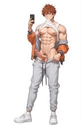 1boy abs ai_generated bara bare_pectorals brown_eyes brown_hair cellphone clothes_in_mouth clothes_pull erection full_body holding holding_phone jacket kanojo_okarishimasu kinoshita_kazuya large_pectorals large_penis male_focus male_pubic_hair mouth_hold muscular muscular_male nipples off_shoulder open_clothes open_jacket orange_jacket pants pants_pull pectorals penis phone pixai pubic_hair pulling_own_clothes selfie sexy sexy_pose shoes short_hair simple_background smartphone sneakers solo standing sway_back tank_top uncensored white_background white_shoes white_tank_top wristband