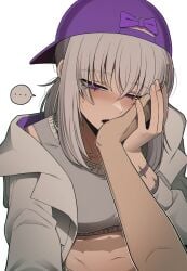 ... alternate_hairstyle bangs biting biting_hand bow breasts cap collarbone eye_contact gentle_femdom hair_ornament hand_bite hand_grab hand_on_cheek hand_on_face hat jacket jacket_off_shoulders jacket_partially_removed kira_(limbus_company) limbus_company midriff misg1111 pov pov_eye_contact project_moon purple_hair scar shark_teeth sharp_teeth soft tank_top the_middle_(identity)_(project_moon) the_middle_(project_moon) white_hair