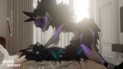 16:9 3d_(artwork) absurd_res andromorph animal_genitalia animal_penis anthro bed black_body black_fur blender_(artwork) blender_cycles_(artwork) blue_body blue_fur bulge clothing digital_media_(artwork) duo erection eyewear eyewear_on_head fur furniture genitals goggles goggles_on_head hair hi_res intersex jewelry knot knotted_penis lying lying_on_bed male male/male mane necklace novabeast nude on_back on_bed penis presenting purple_body purple_eyes purple_fur smile spacesparky sparky_(spacesparky) tail teasing underwear white_body white_fur widescreen