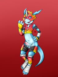 1boy 2014 anthro armor balls bandage bandai bastion belt blue_eyes blue_scales bottomless claws digimon digitigrade erection flamedramon hand_on_hip horn humanoid_penis looking_away male male_only mask navel open_mouth penis plain_background red_background scalie smile solo tasting tongue uncut white_belly